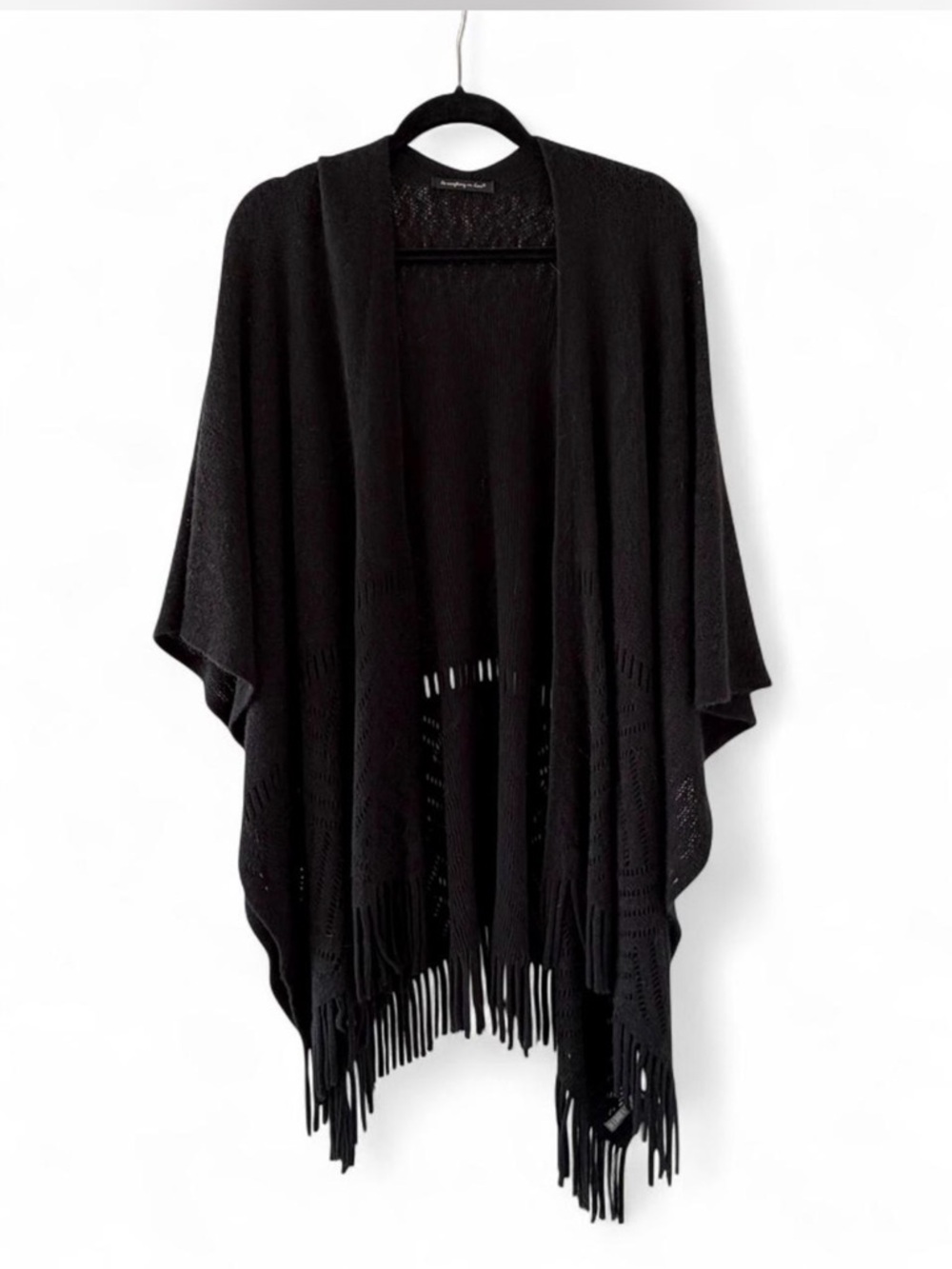 Black Knit Open-Front Fringe Wrap/Ruana